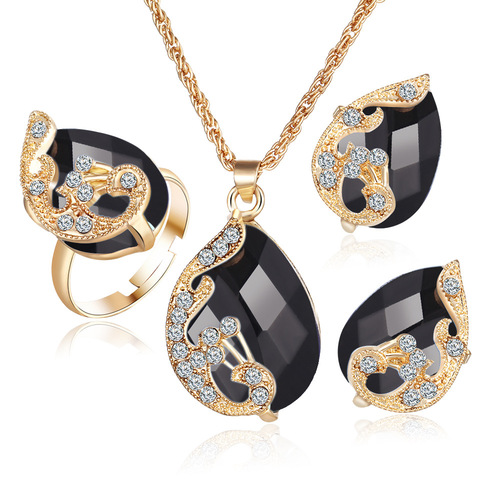 Wholesale Genuine Gold Plated Austrian Crystal Teardrop Peacock Three-Piece Set Earrings Necklace Ring Set for Women
