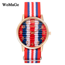 新款womage1602外卖热销男女情侣时尚尼龙表带石英手表竖条纹表