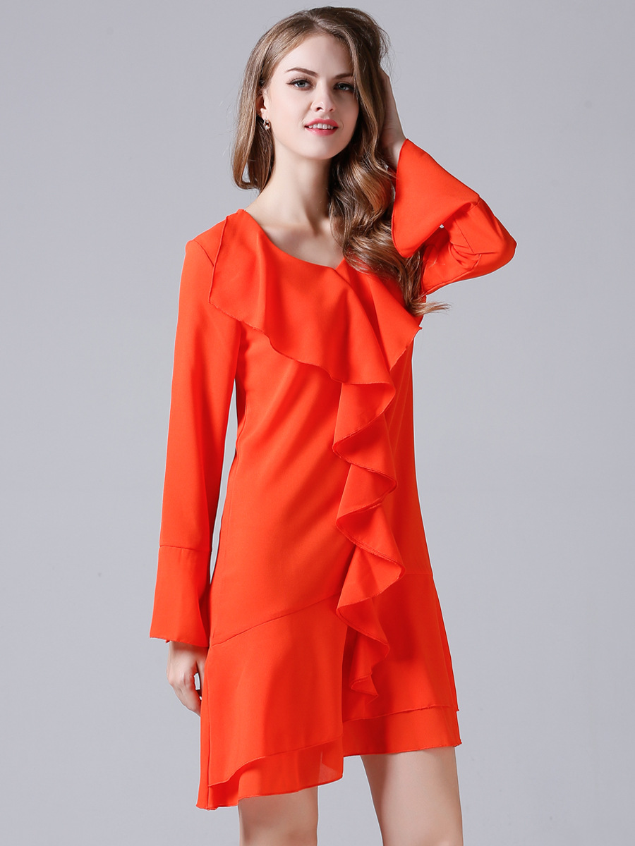 frill collar slim chiffon long-sleeved dress NSJR51582