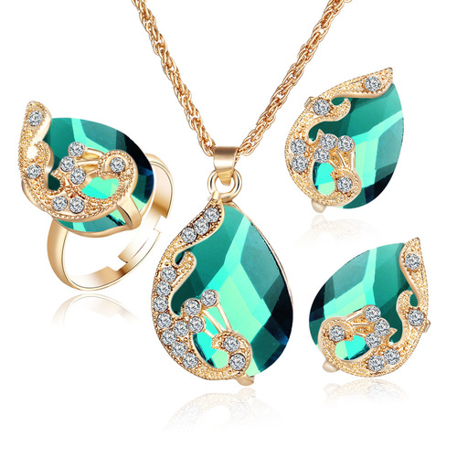 Wholesale Genuine Gold Plated Austrian Crystal Teardrop Peacock Three-Piece Set Earrings Necklace Ring Set for Women