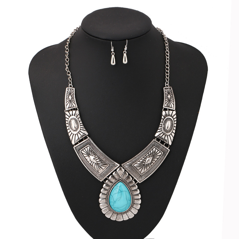 Women'S Gender Inlay Design Retro Ethnic Style Water Droplets Rhombus Turquoise Alloy Wholesale Earrings Necklace