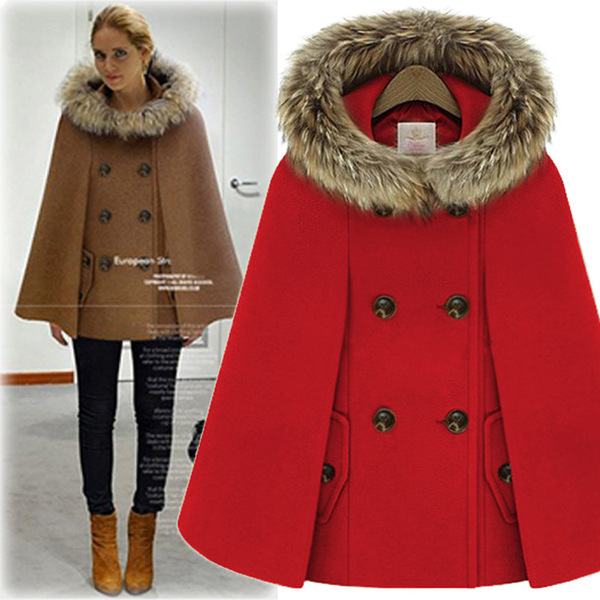 Hooded wool collar wool Cape wool coat