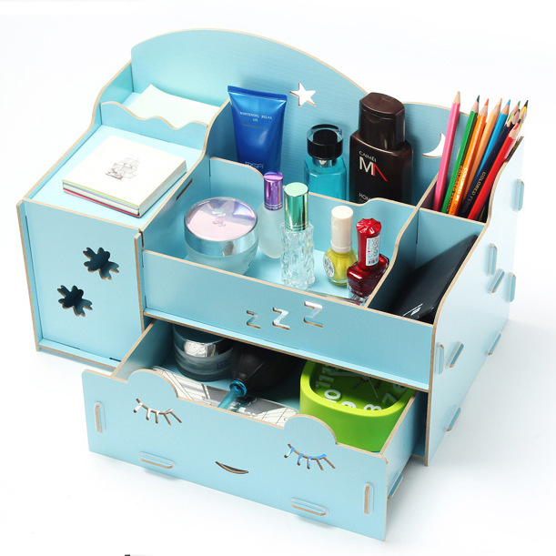 Inventario al por mayor caja de almacenamiento de escritorio de madera sonriente caja de joyas cosméticas de madera