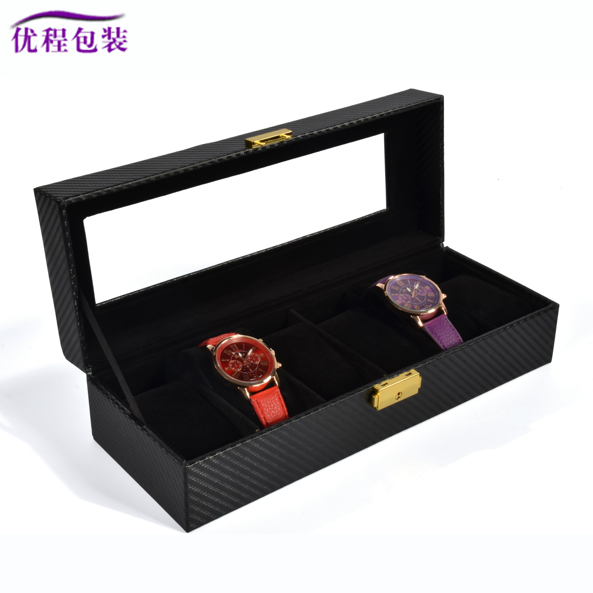 定制批发碳纤维全黑色6位手表盒pu皮革手表盒木质手表展示盒