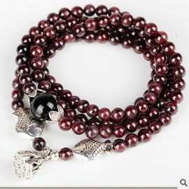 【琦毅】天然石榴石双鱼座小鱼莲蓬花蕊泰银多层串珠手链礼物批发