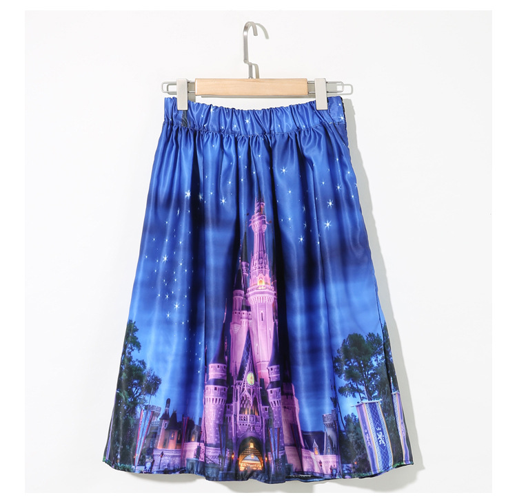 Hot Sale Womens Disney Castle High Waist Skirt Blue
