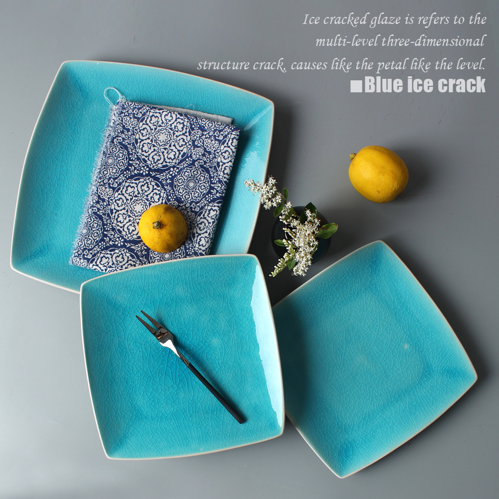 Creativa grieta de hielo azul cerámica de 10 pulgadas de 8 pulgadas placa cuadrada redonda cuadrada Bowl hotel restaurante cuadrado vajilla Placa de carne