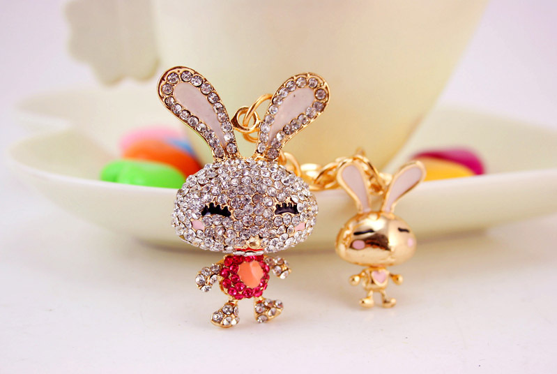35g Weight Alloy, Metal Material Rabbit Pattern Unisex Gender Pink, Purple, Red, Blue, Peach Color Korean Creative Cute Diamond Cartoon Bunny Car Keychain 8