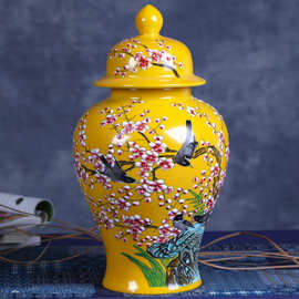 景德镇陶瓷器名家手绘颜色釉粉彩花鸟花瓶花插中式客厅工艺品摆件