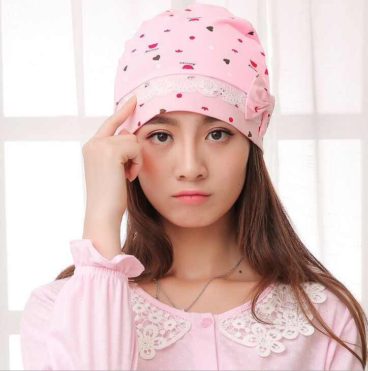 批发纯棉月子帽韩版皇冠花朵印花蝴蝶结孕产妇防风帽纯棉春秋单层