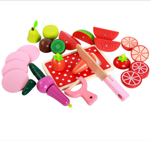 木制仿真水果蔬菜磁性切切看 桶装木制磁性水果切切乐