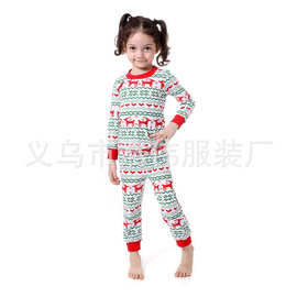 外贸热卖欧美新款儿童圣诞节款印花套装 女童条纹睡衣家居服套装