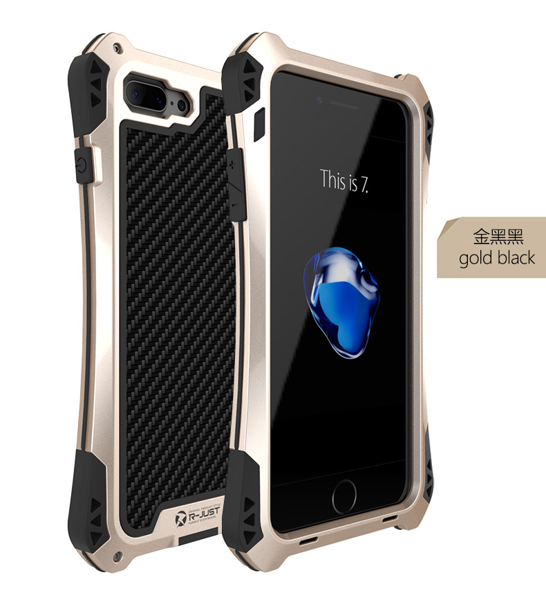 R-Just Amira Heavy Duty Dirtproof Shockproof Rainproof Aluminum Metal Bumper Carbon Fiber Back Cover Case for Apple iPhone 7