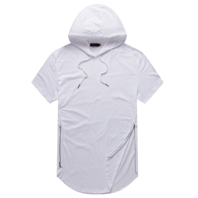 Hip hop short sleeve side zipper hooded Pullover Sweater hooded circular hem T-shirt