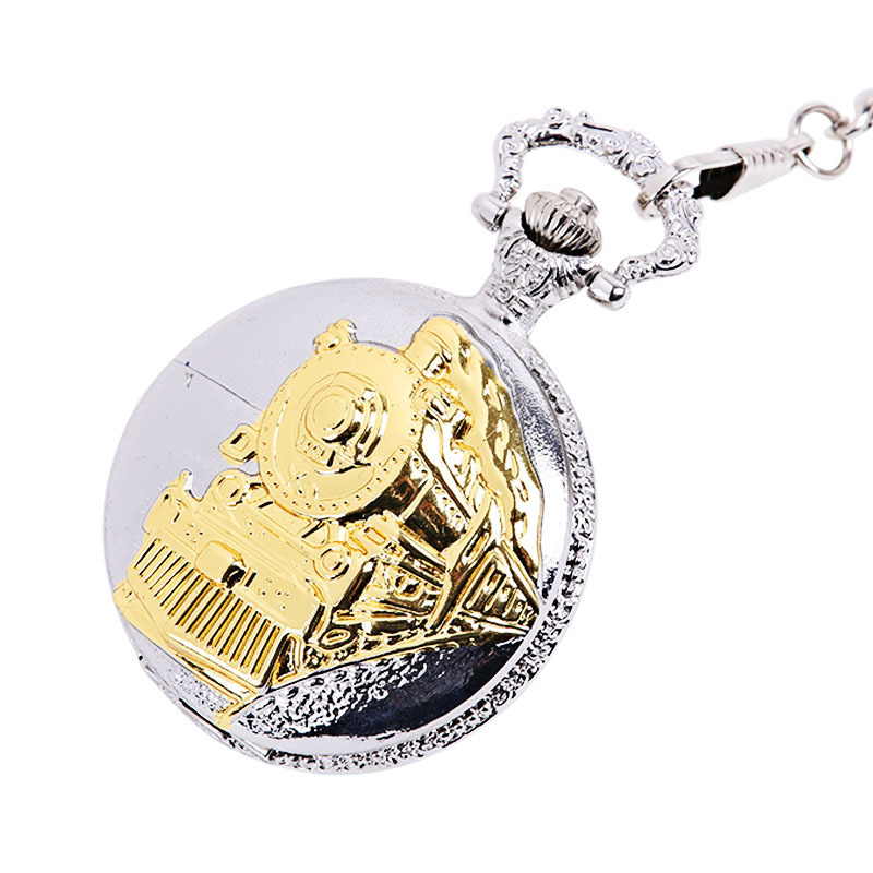 Large thick chain between gold locomotive manufacturers wholesale gold locomotive flip inside white black pocket watch 1032