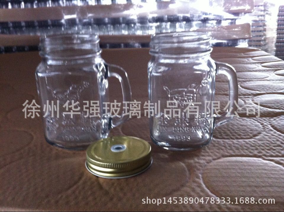 特价带盖玻璃把子杯复古罐头公鸡杯奶茶店用果汁梅森杯