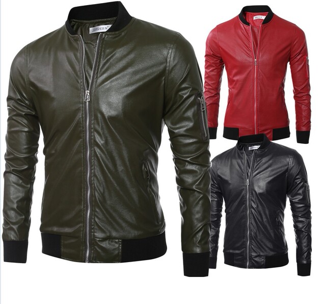 Men’s leather fashion baseball collar design solid color short leather men’s jacket type motorcycle leather