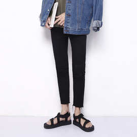 秋季新款潮男修身九分牛仔小脚裤男黑色弹力韩版青少年9分铅笔裤