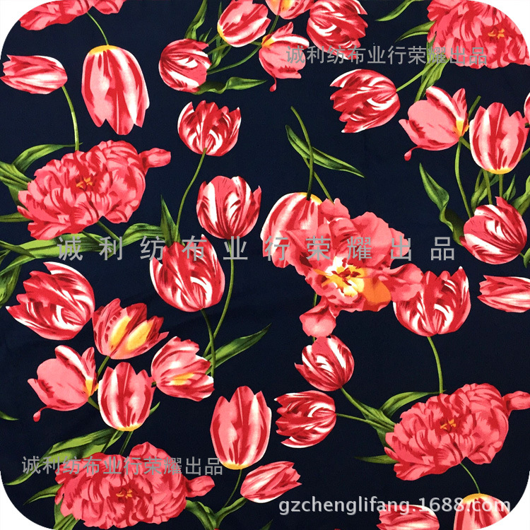 全棉活性斜纹弹力印花布 郁金香印花面料 日韩女装印花布 纯棉布