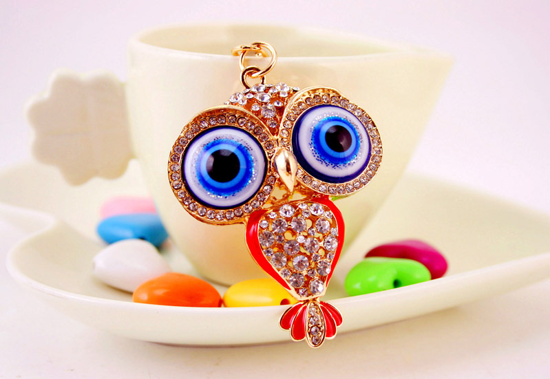 46g Weight Alloy, Metal Material Owl Pattern Unisex Gender Pink, Red, Blue, Black Color Korean  Creative Cute Cartoon Big-eyed Cute Owl Diamond Keychain 9