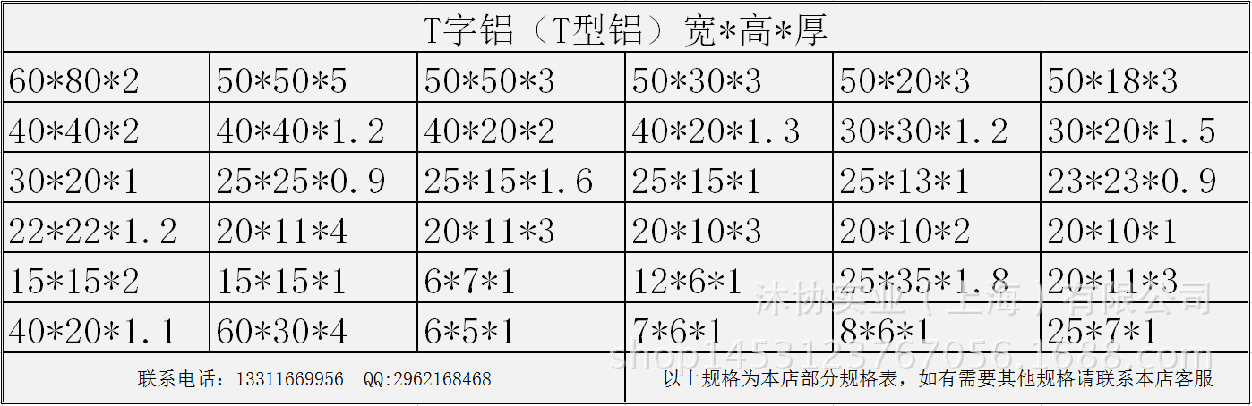 t型规格表