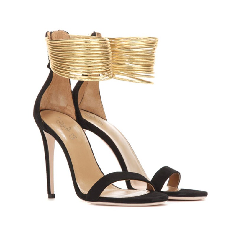 Summer New Women's Sandals, Suede Leather, Shiny and Elegant, Ankle Strap, Open Toe, Covered Heel, High Heels, Party Shoes