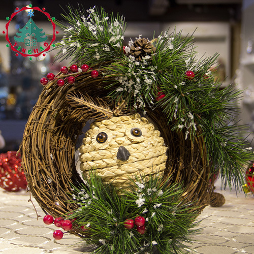 盈浩圣诞节装饰用品 猫头鹰藤圈天然材质藤条纯手工编织创意摆件|ru