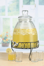 10L 横纹玻璃果汁罐 家用饮水桶酵素瓶自酿罐 带金属底座
