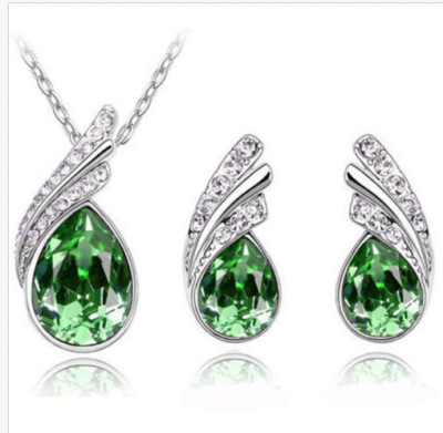 wish爆款 天使翅膀女式項鏈 鑲鑽合金耳釘項鏈水滴套裝