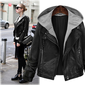 Long sleeve hooded leather European and American Biker suit short coat