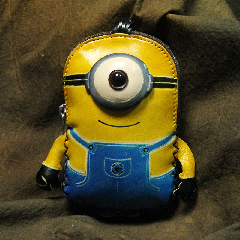 genuine leather manual Vegetable tanned leather personality Simplicity Lovely Hand Inclined Female bag Cartoon Small yellow people coin purse