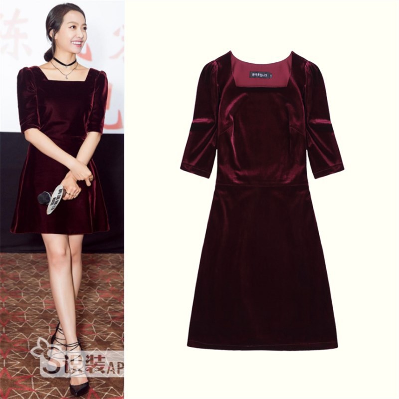 2021春秋新款女装连衣裙 宋茜明星同款时尚奢华韩国绒礼服裙2096