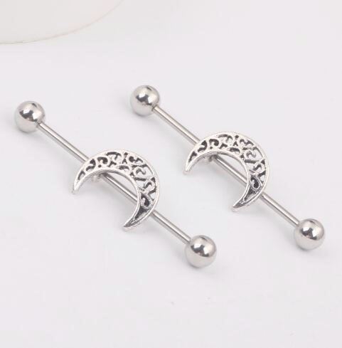 Hollow Moon Industrial Ear Stud Tongue Nail Piercing Ear Expansion Jewelry 316L Surgical Steel detail image 8