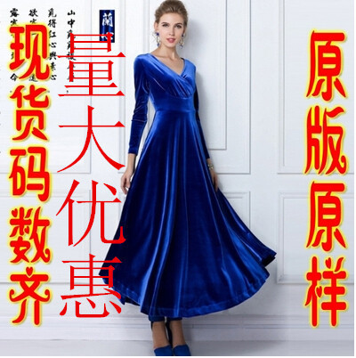 European and American Long Sleeve Dress for Spring, Autumn and Winter Gold Velvet Super Long Dress V-Neck Dress