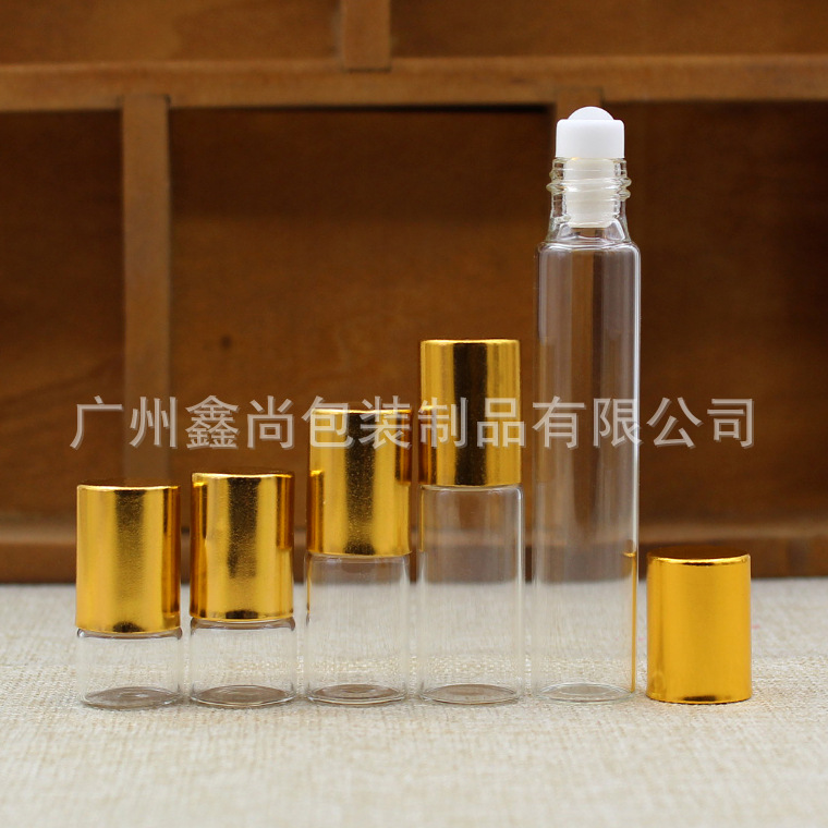 透明玻璃走珠瓶子香水分装瓶 精油滚珠瓶 玻璃珠亮金空瓶