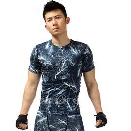 速卖通新款男装外贸批发健身运动服闪电印花弹力个性修身服T恤