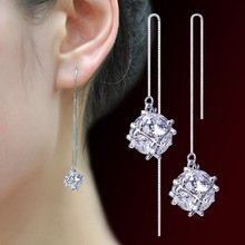 韩版女 镶钻锆石方形魔方糖立方体长款流苏镀银耳坠 耳线 耳链