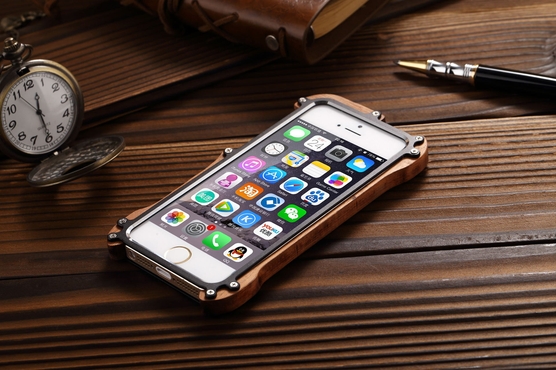 R-Just Light Slim Timber Aluminum Metal Wood Bumper Case Cover for Apple iPhone 5S/5/SE