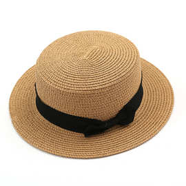 韩国出游平顶草帽夏季太阳遮阳帽时尚纯色沙滩帽子