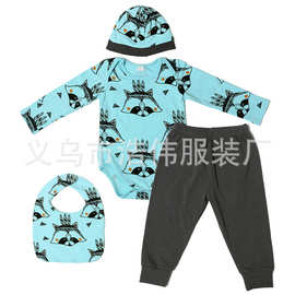 外贸男童狐狸印花图案帽子围嘴爬服长裤四件套 欧美宝宝秋冬套装