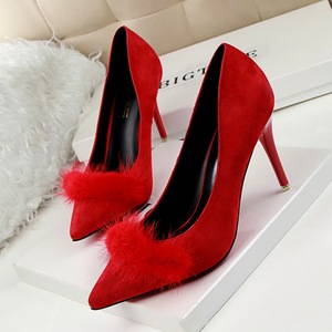 325-5 han edition style elegant shoes high heel with suede shallow pointed mouth rabbit hair single wedding shoe heels s