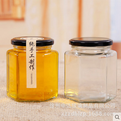 批发带盖六棱玻璃瓶280ml蜂蜜瓶创意储物罐酱菜瓶果酱燕窝瓶现货