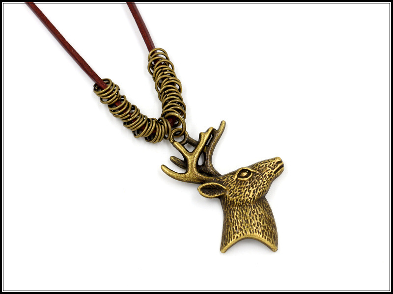 Deer Head Pendant Necklace Vintage Antlers Long Cowhide Rope Knitted Sweater Chain Wholesale display picture 7