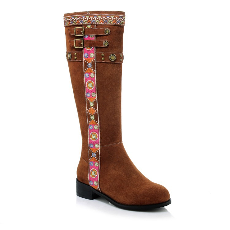 2016秋冬季新款民族風刺繡花邊皮帶扣騎士靴高筒靴子真皮女靴