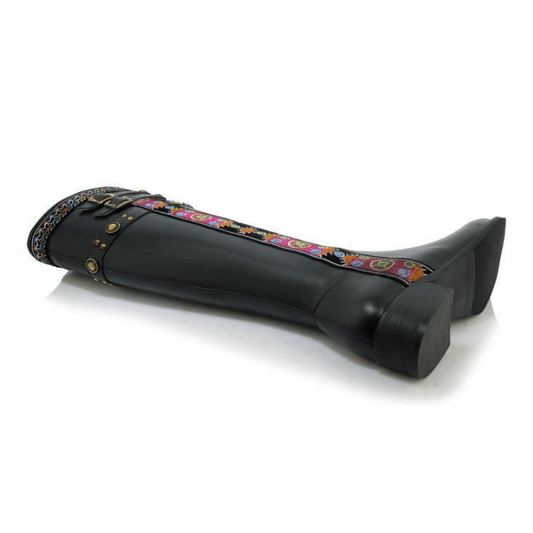 2016秋冬季新款民族風刺繡花邊皮帶扣騎士靴高筒靴子真皮女靴