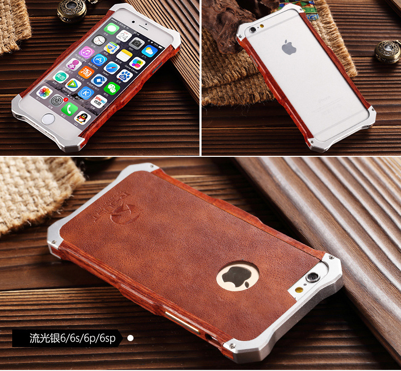R-Just Aluminum Metal Natural Rosewood Bumper Leather Back Cover Case for Apple iPhone 6S Plus/6 Plus & iPhone 6S/6