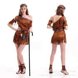万圣节服装 印第安人土著原始人角色扮演 流苏野人森林猎人演出服
