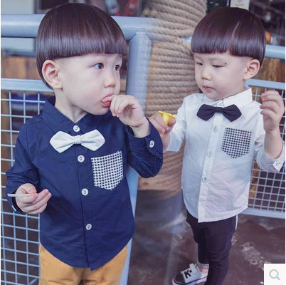 2018秋季新款男童男寶寶長袖襯衫千鳥格領結襯衫童裝壹件代發