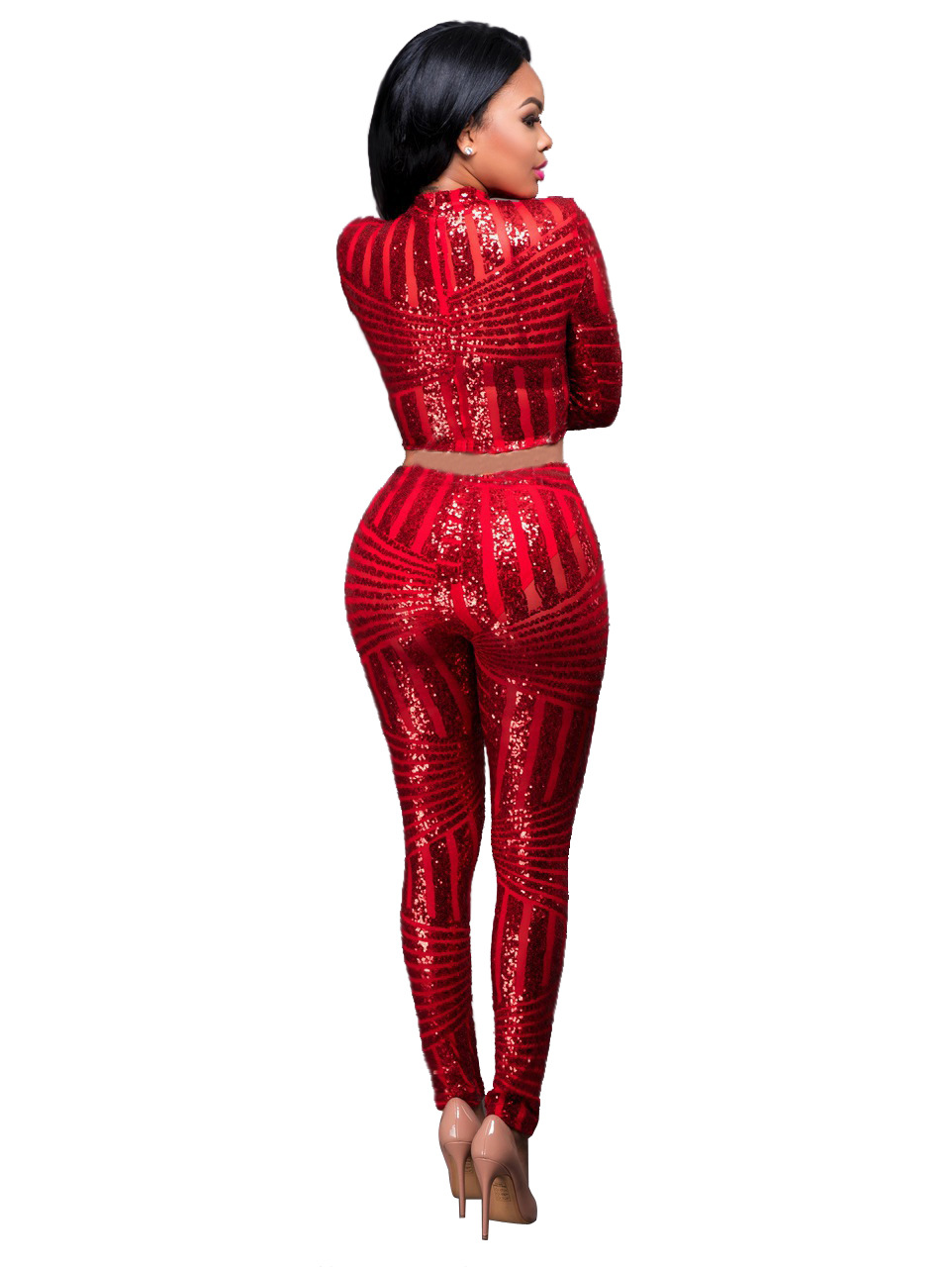 Winter Women Sequined Jumpsuit Mesh See Through Bodysuit Long Sleeve ...