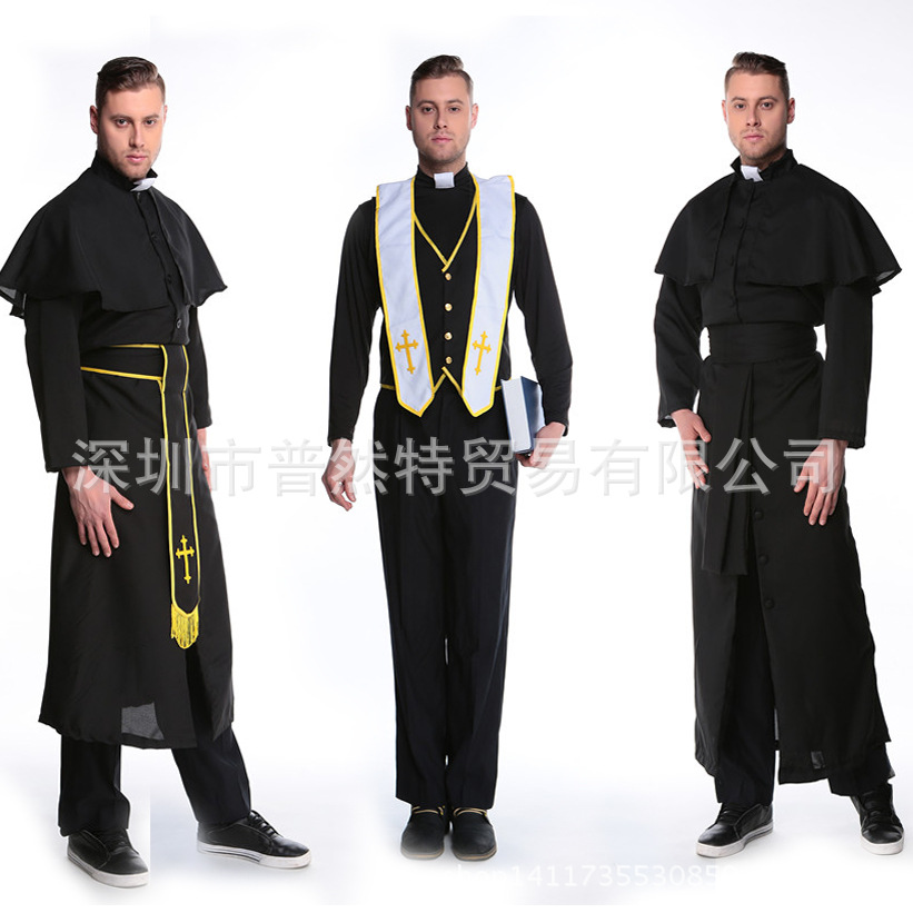 万圣节中世纪化妆舞会服装 男款牧师长袍 神父教父传教士角色扮演